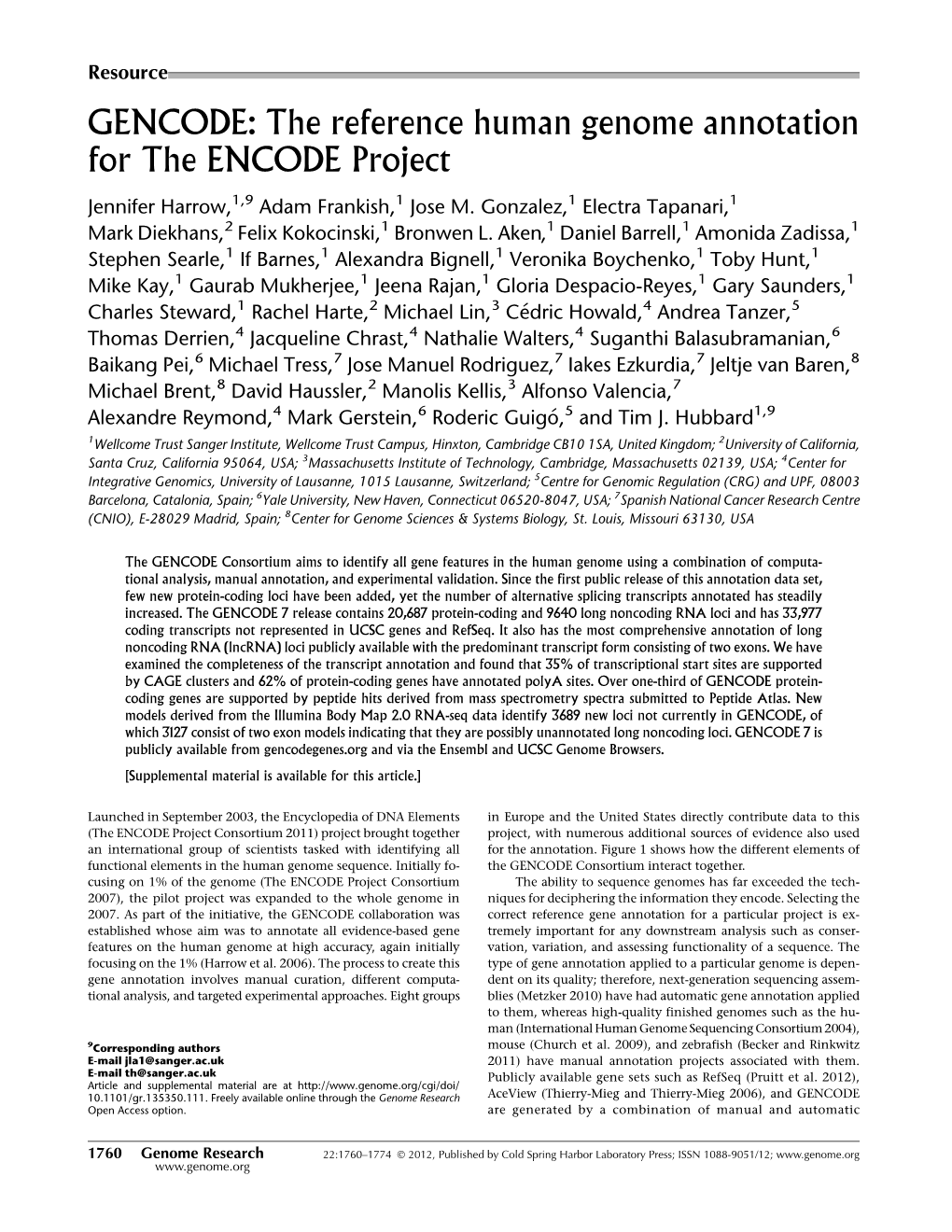 GENCODE: the Reference Human Genome Annotation for the ENCODE Project