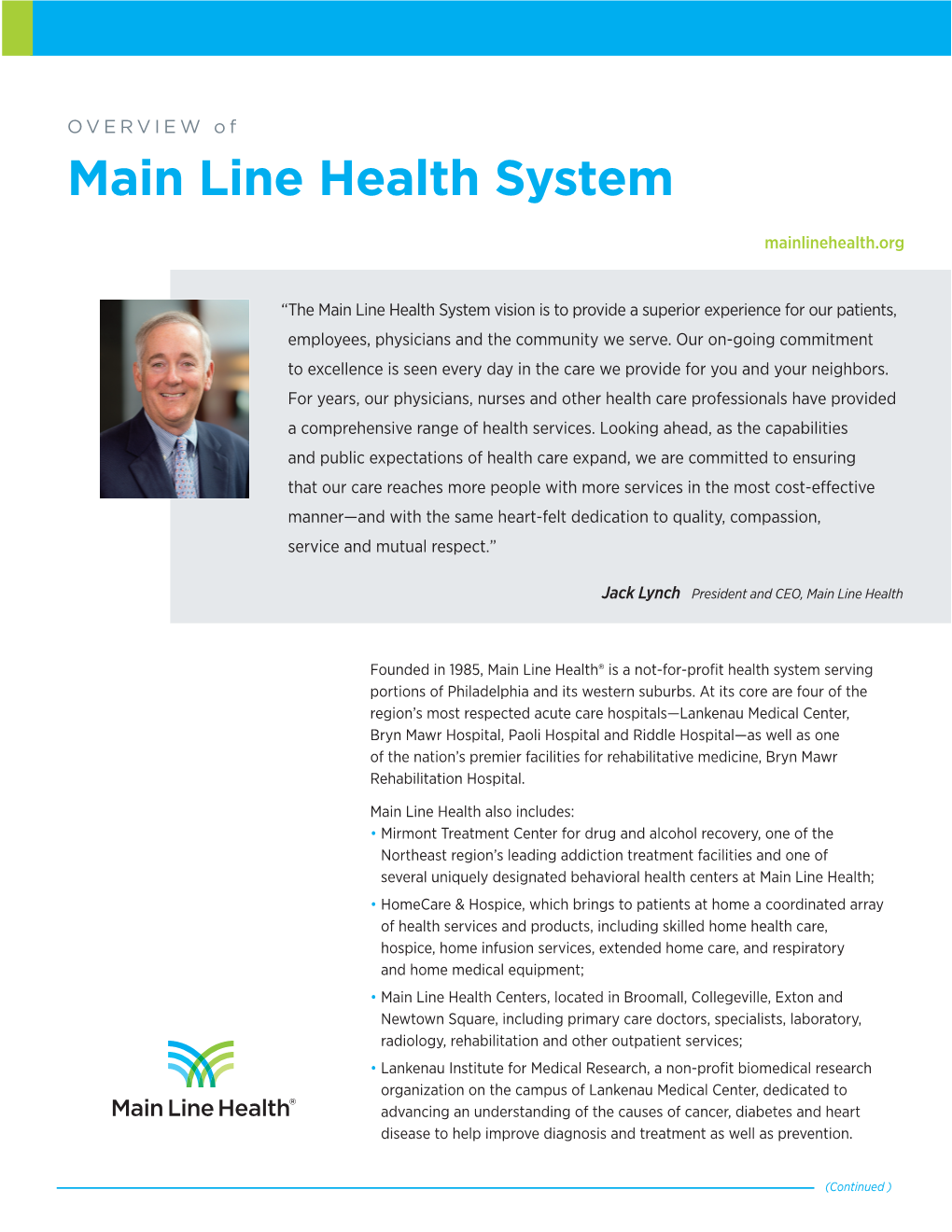 MAIN LINE HEALTH Administrative Fellowship Program Overview