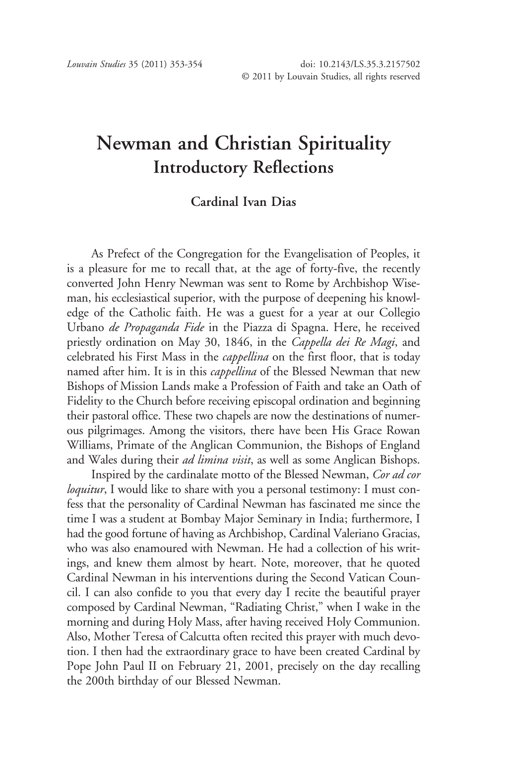 Newman and Christian Spirituality Introductory Reflections