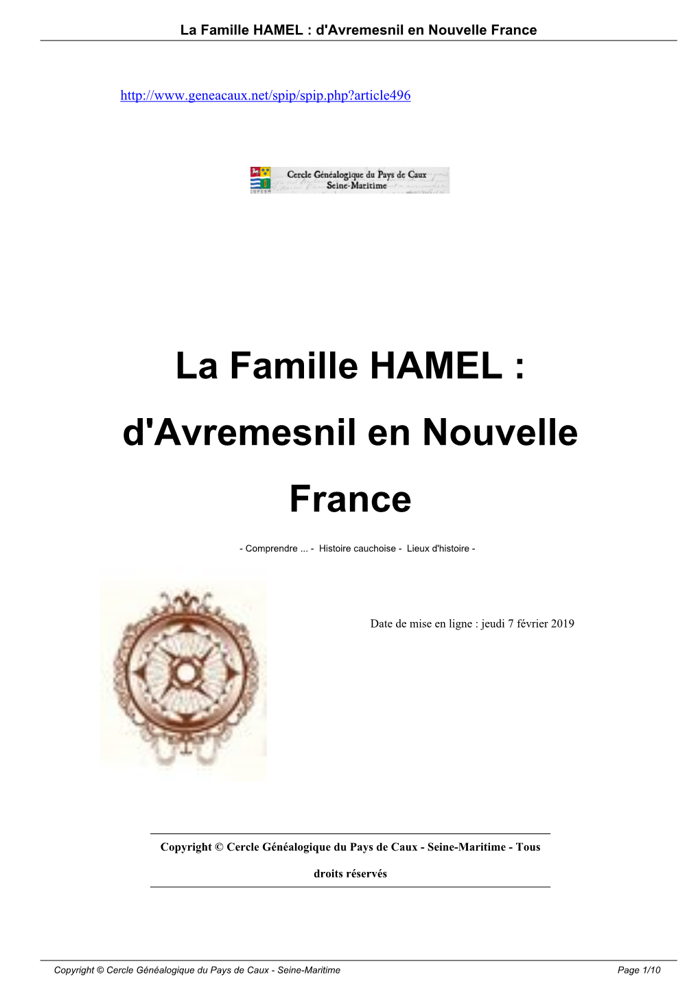 La Famille HAMEL : D'avremesnil En Nouvelle France