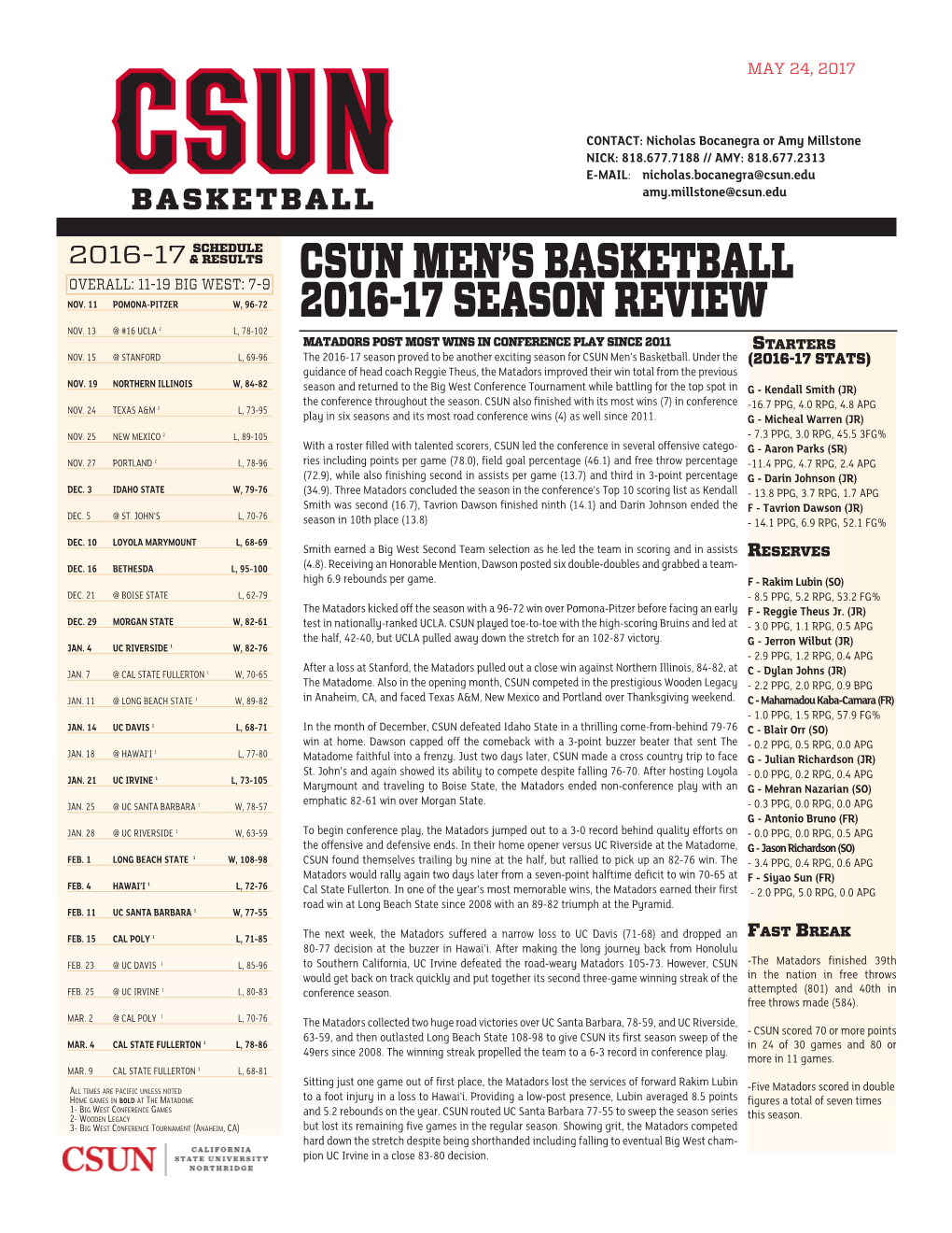 Csun Men's Basketball 2016-17 Season Review