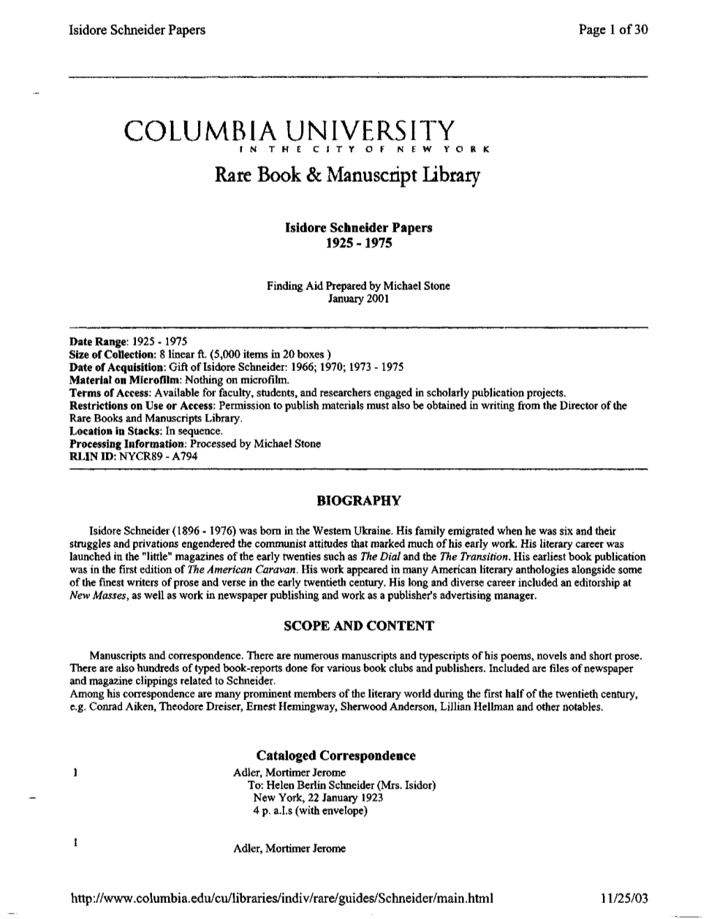 COLUMBIA UNIVERSITY in THI CITY of NEW YOR Rare Book & Manuscript Library