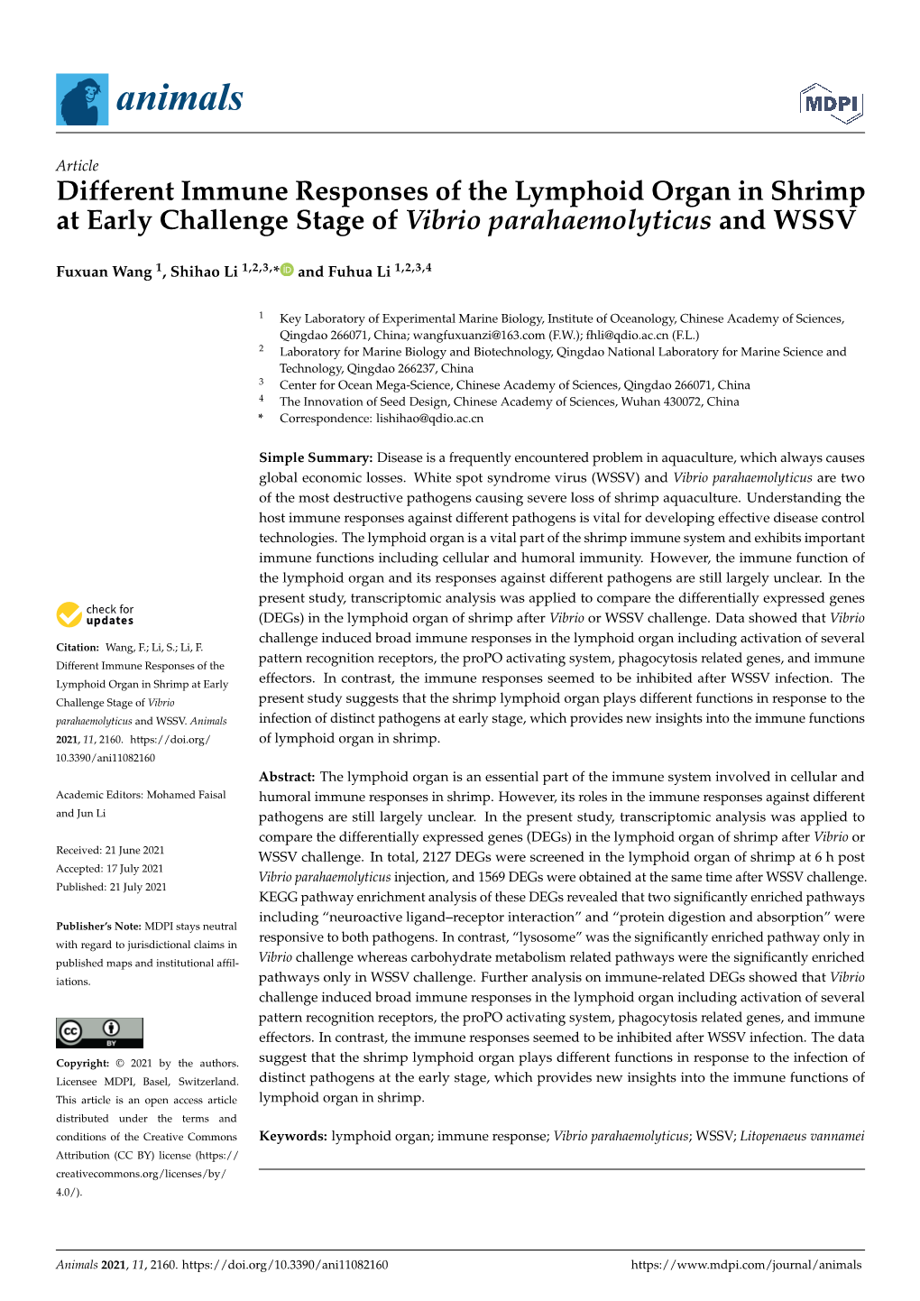 Different Immune Responses of the Lymphoid Organ in Shrimp at Early Challenge Stage of Vibrio Parahaemolyticus and WSSV