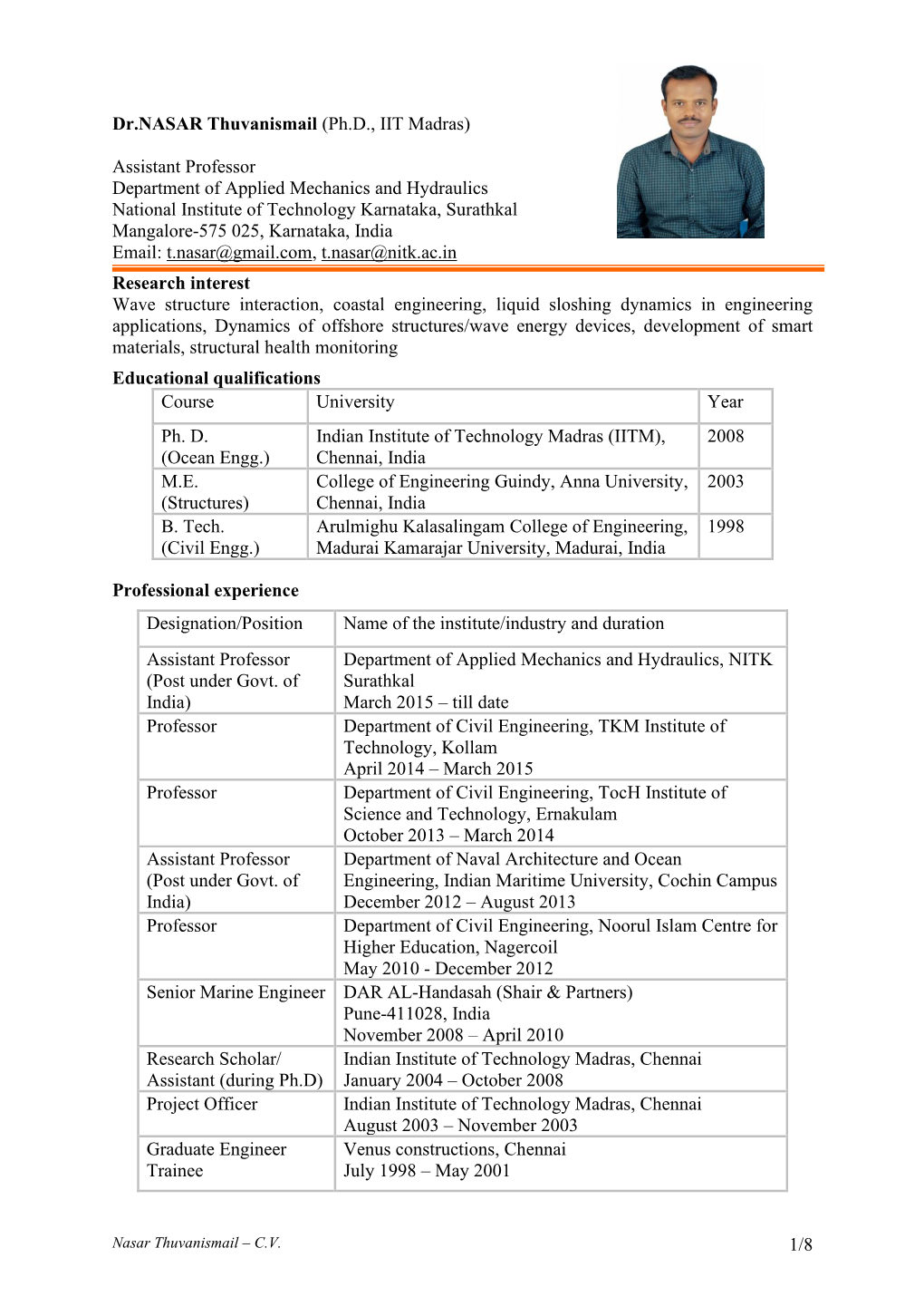 Dr.NASAR Thuvanismail (Ph.D., IIT Madras)