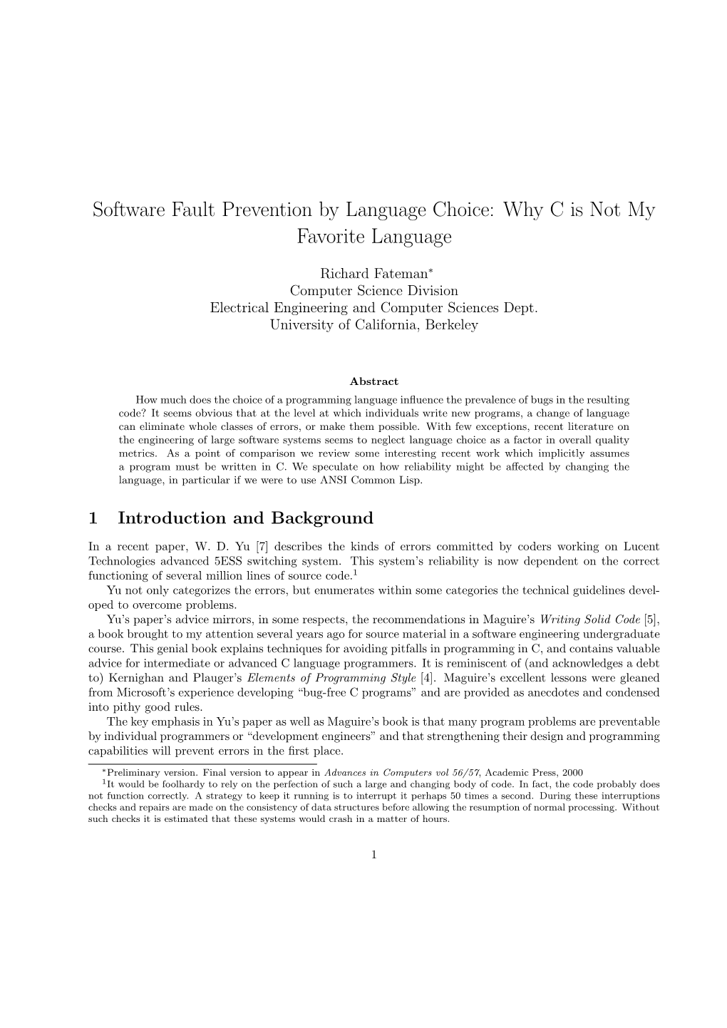 Software Fault Prevention by Language Choice: Why C Is Not My Favorite Language