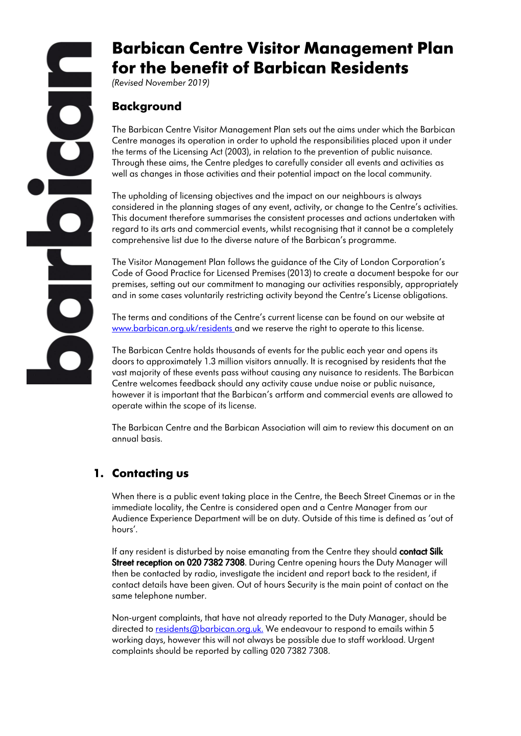 Barbican Centre Visitor Management Plan for the Benefit of Barbican Residents (Revised November 2019)