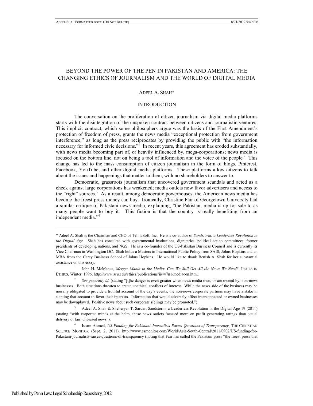 Beyond the Power of the Pen in Pakistan and America: the Changing Ethics of Journalism and the World of Digital Media