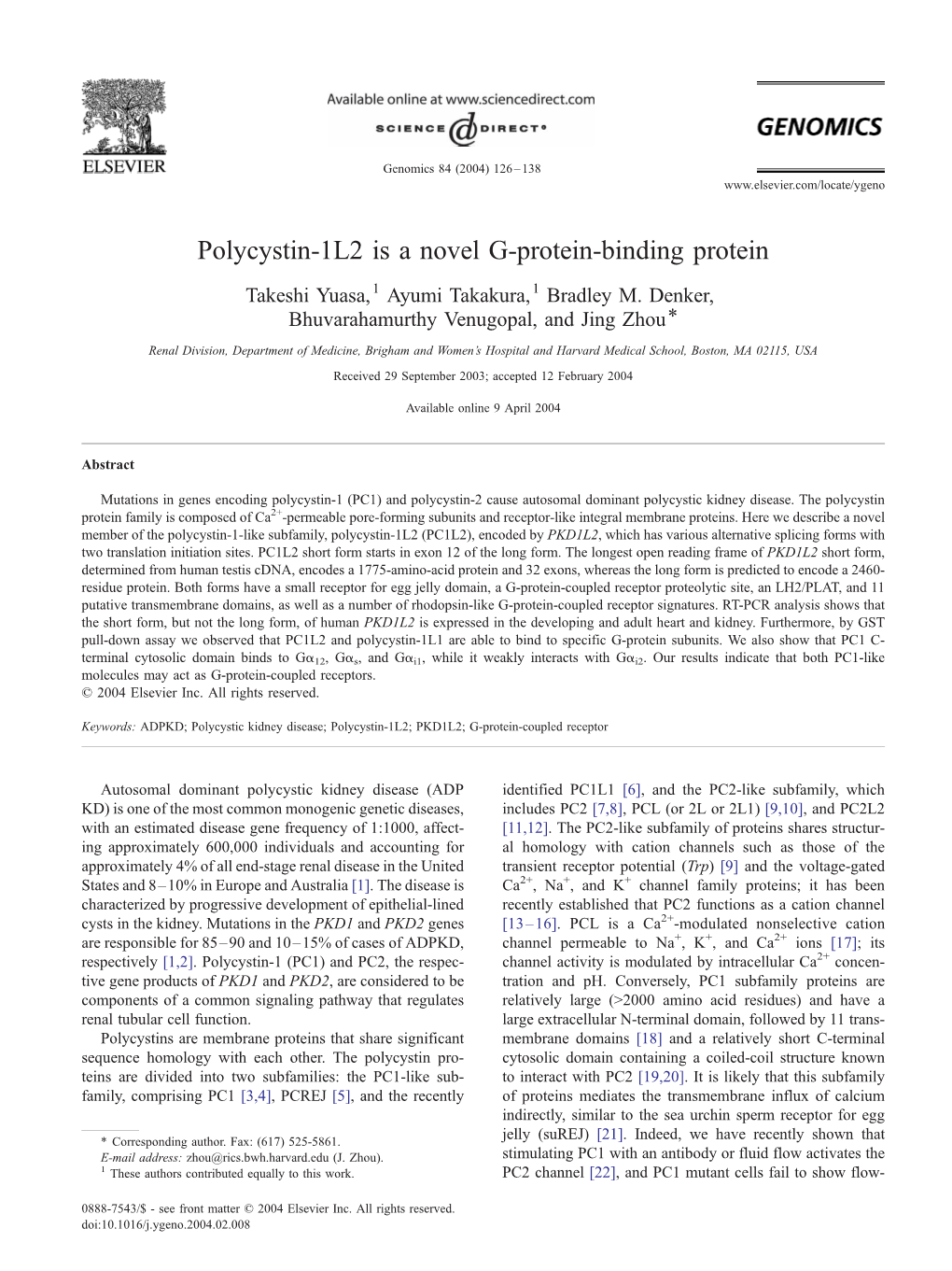 Polycystin-1L2 Is a Novel G-Protein-Binding Protein