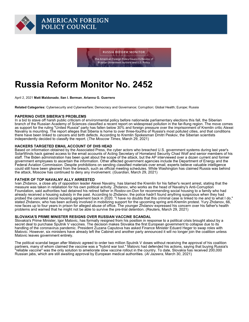 Russia Reform Monitor No. 2452 | American Foreign Policy Council