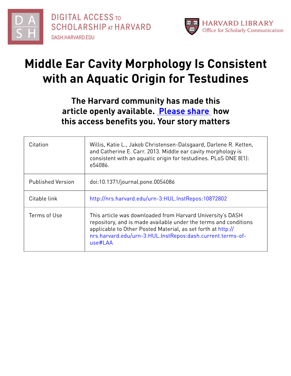 Middle Ear Cavity Morphology Is Consistent with an Aquatic Origin for Testudines
