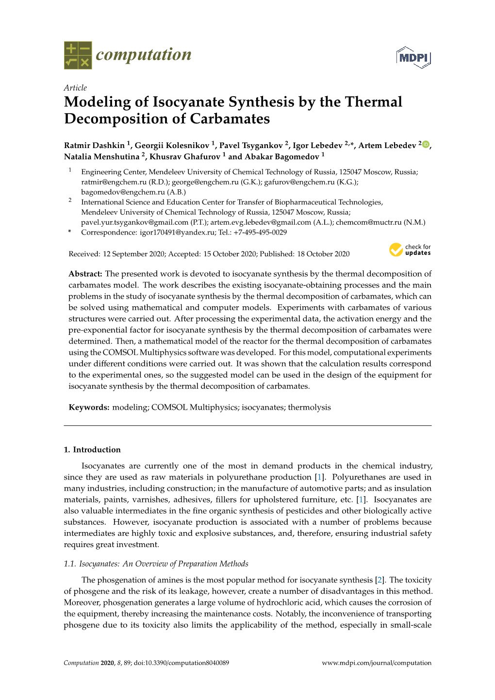 Modeling of Isocyanate Synthesis by the Thermal Decomposition of Carbamates