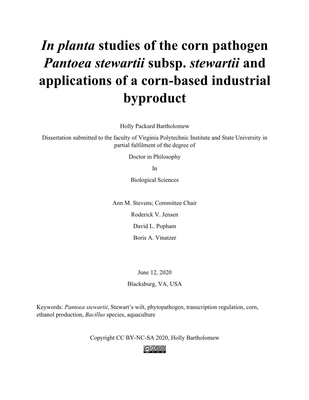In Planta Studies of the Corn Pathogen Pantoea Stewartii Subsp