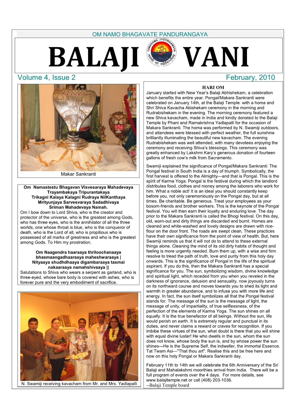 BALAJI VANI Volume 4, Issue 2 February, 2010