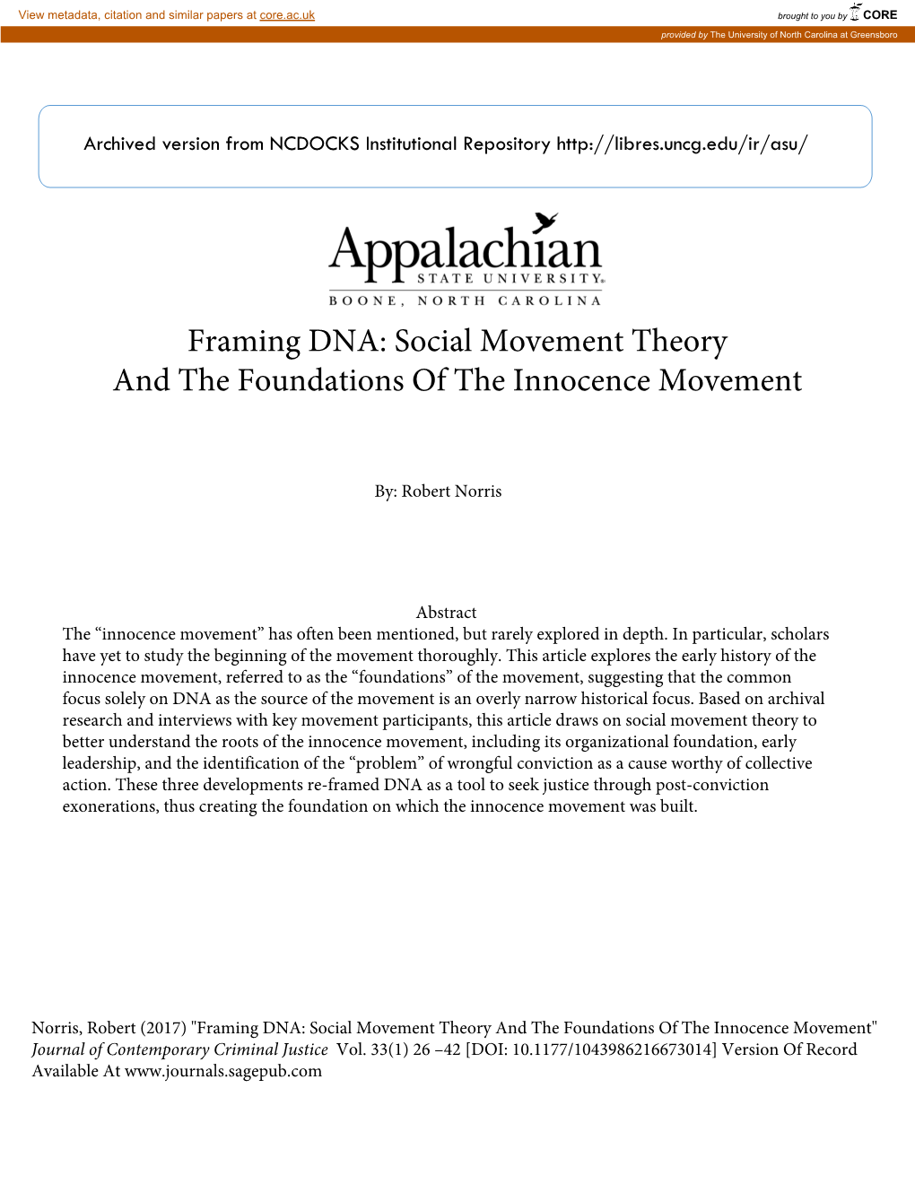 Framing DNA: Social Movement Theory and the Foundations of the Innocence Movement