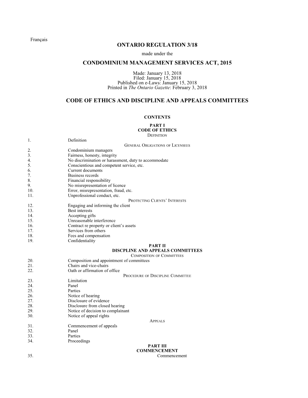 CONDOMINIUM MANAGEMENT SERVICES ACT, 2015 - O. Reg. 3/18