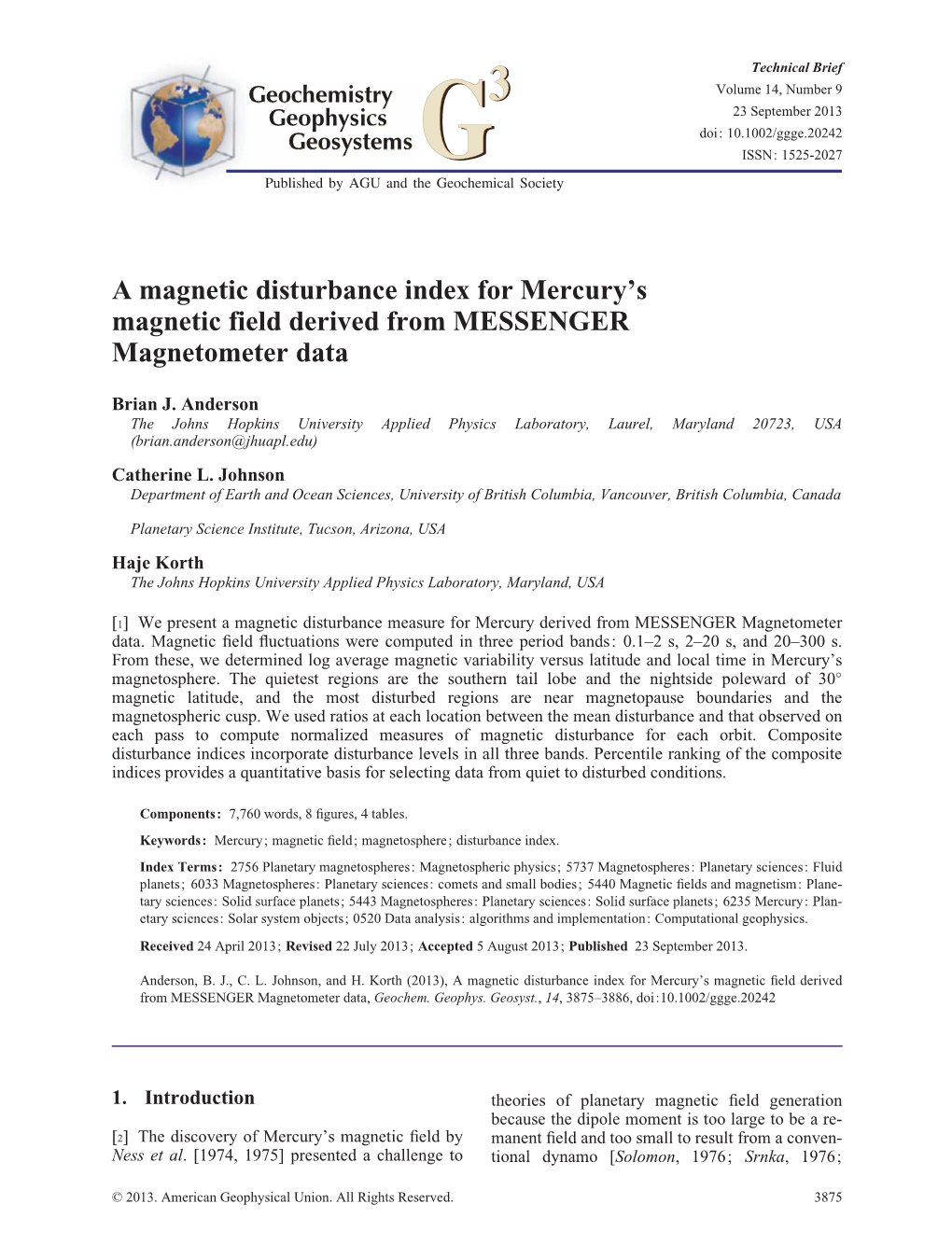 A Magnetic Disturbance Index for Mercury's Magnetic Field Derived from MESSENGER Magnetometer Data