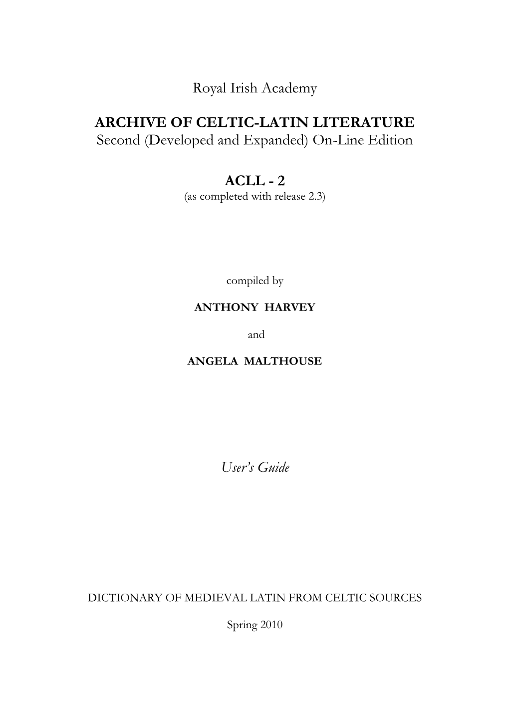 Royal Irish Academy ARCHIVE of CELTIC-LATIN LITERATURE Second