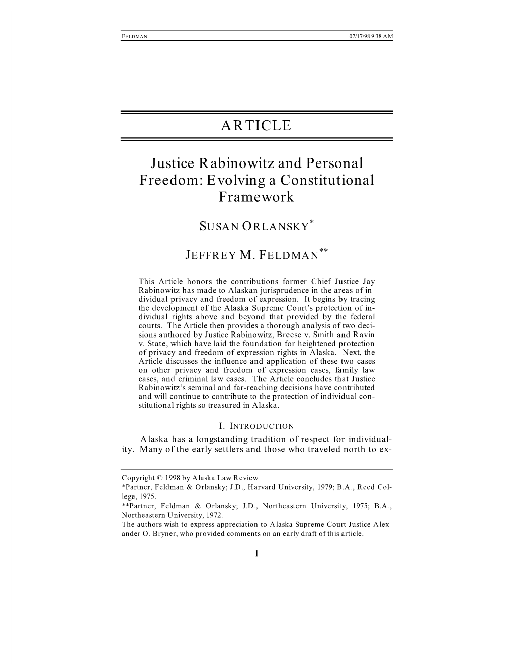 ARTICLE Justice Rabinowitz and Personal Freedom
