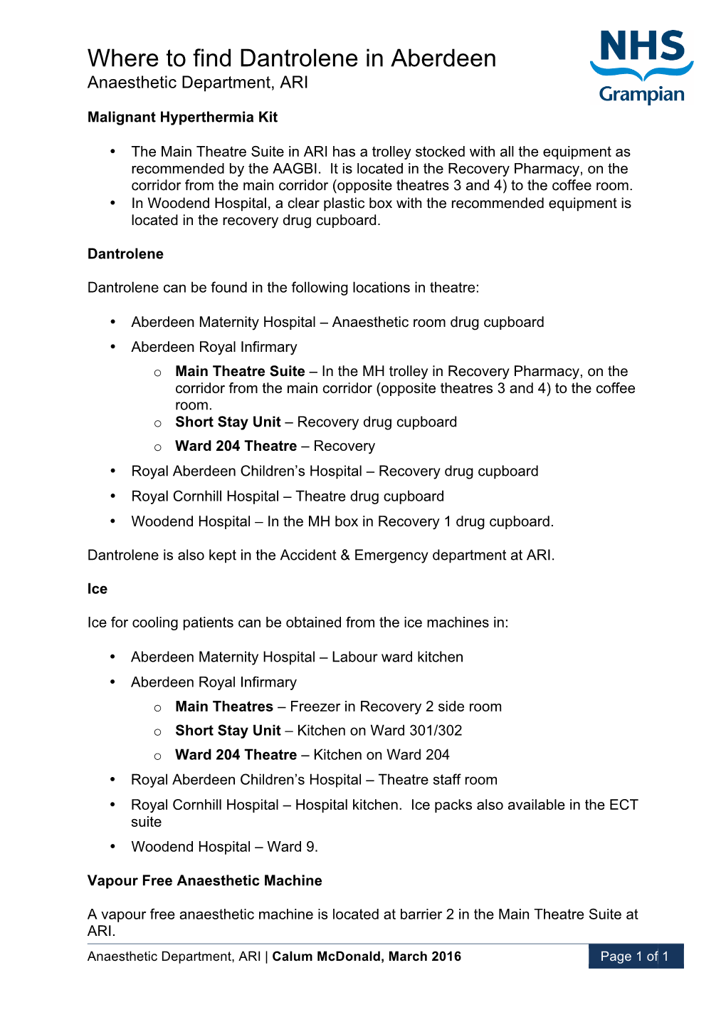 Where to Find Dantrolene in Aberdeen Anaesthetic Department, ARI