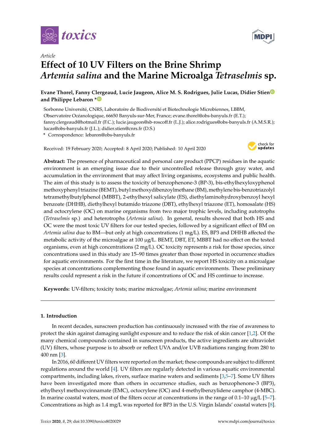 Effect of 10 UV Filters on the Brine Shrimp Artemia Salina and the Marine Microalga Tetraselmis Sp