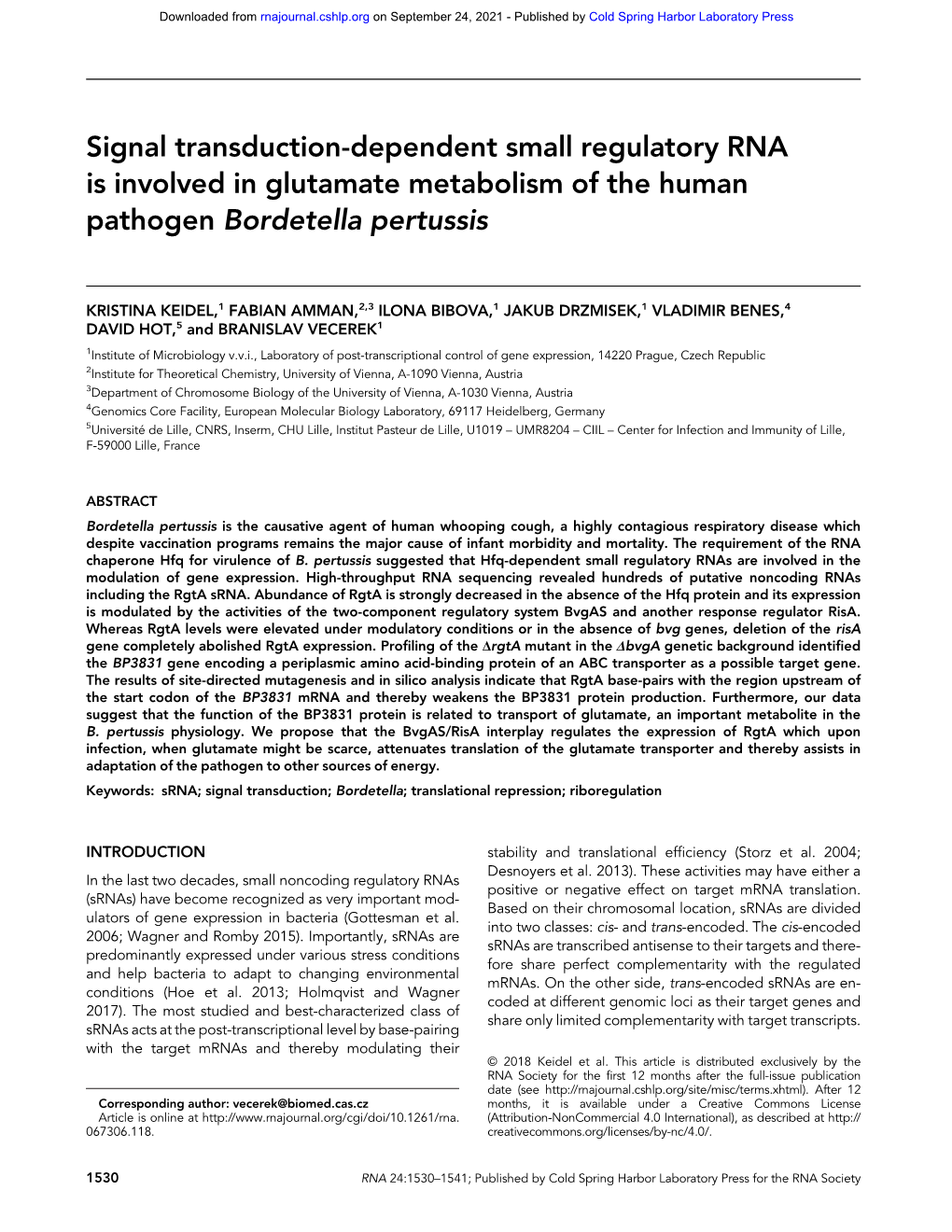 Signal Transduction-Dependent Small Regulatory RNA Is Involved in Glutamate Metabolism of the Human Pathogen Bordetella Pertussis