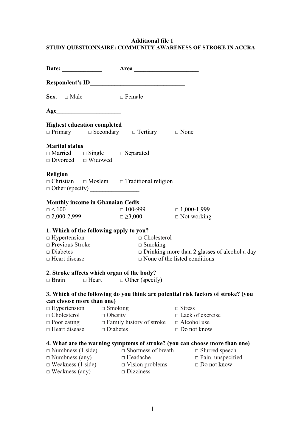 Study Questionnaire: Community Awareness of Stroke in Accra