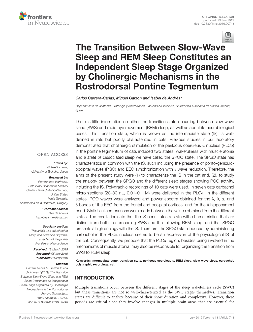 The Transition Between Slow-Wave Sleep and REM Sleep Constitutes an Independent Sleep Stage Organized by Cholinergic Mechanisms in the Rostrodorsal Pontine Tegmentum