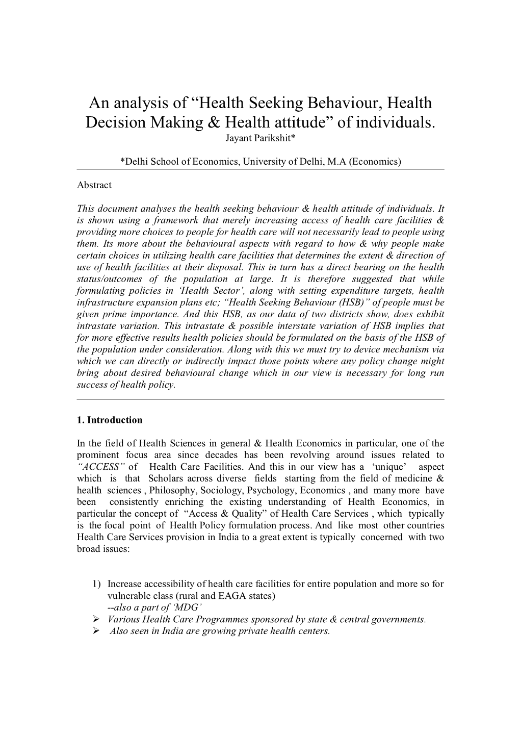 An Analysis of Health Seeking Behaviour