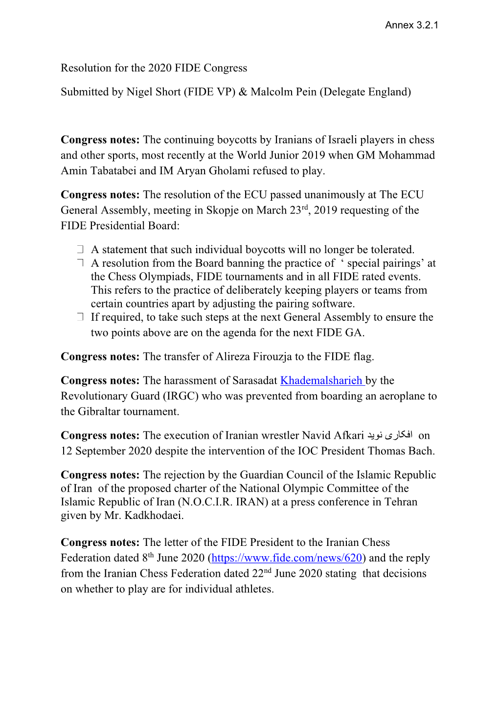 Resolution for the 2020 FIDE Congress Submitted by Nigel Short