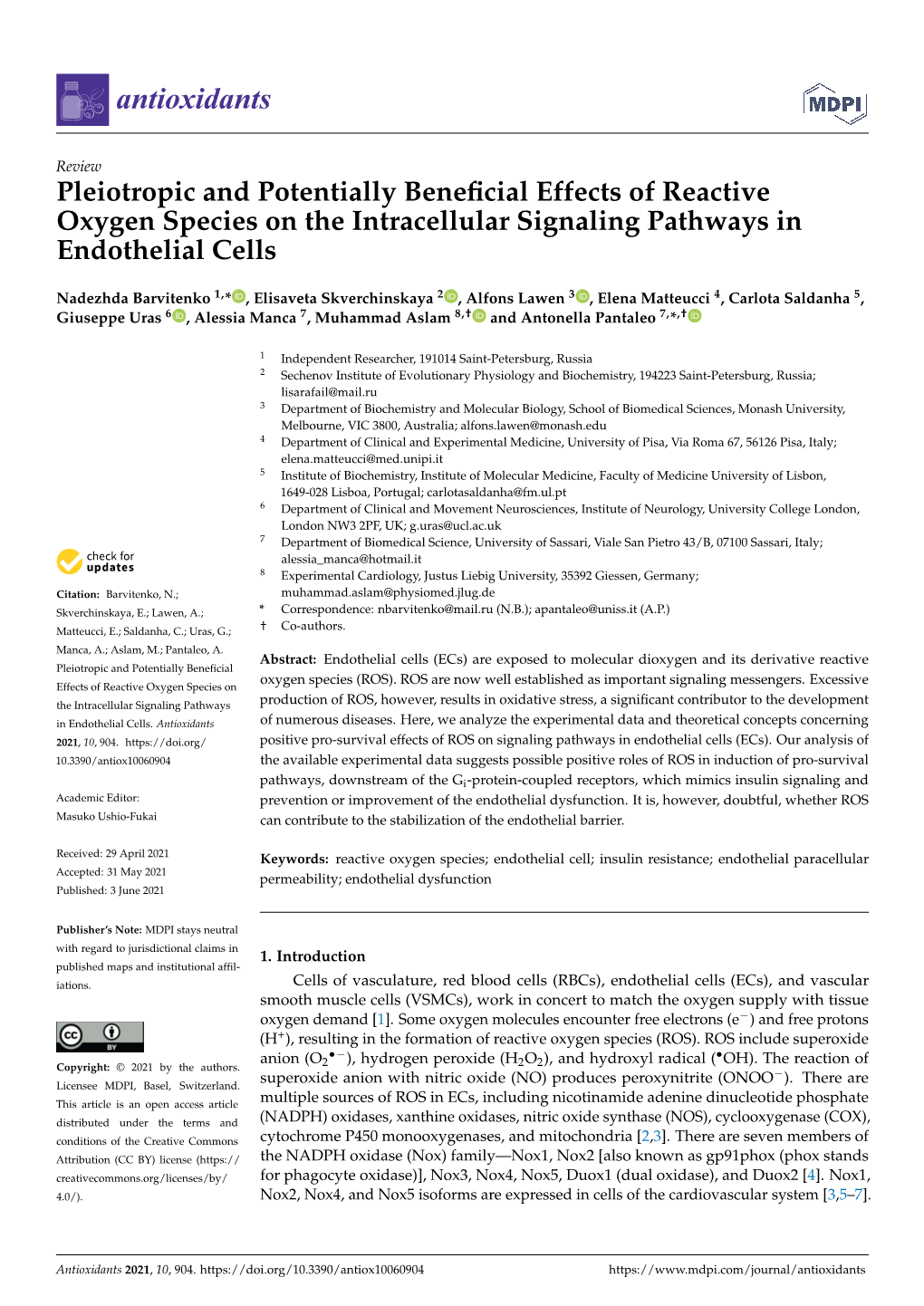 Pleiotropic and Potentially Beneficial Effects of Reactive Oxygen Species on the Intracellular Signaling Pathways in Endothelial