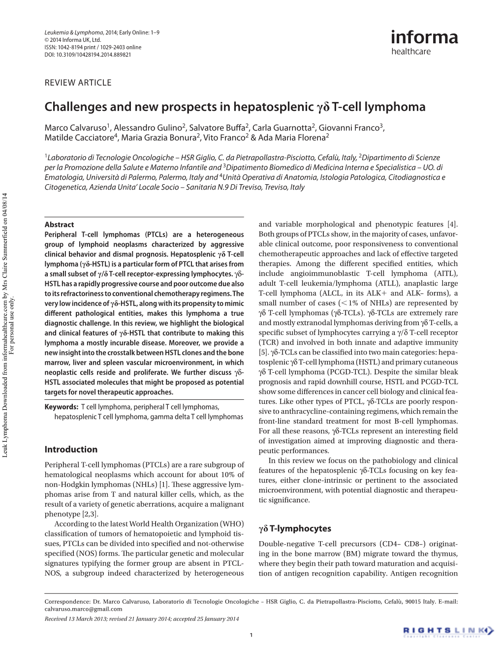 Challenges and New Prospects in Hepatosplenic Γδ T-Cell Lymphoma