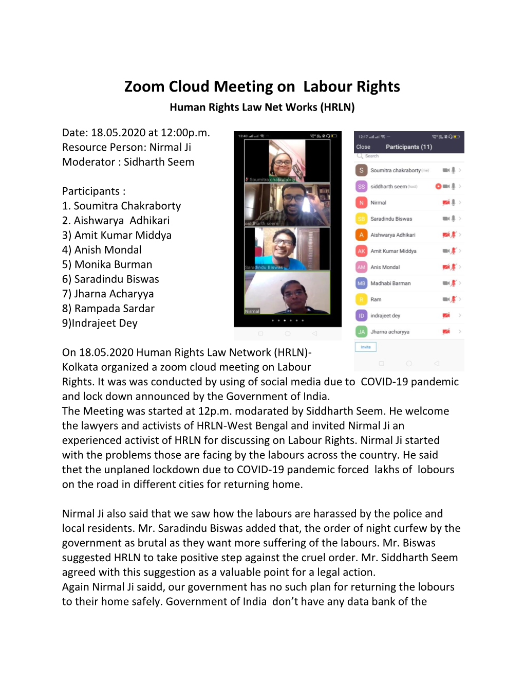 Zoom Cloud Meeting on Labour Rights Human Rights Law Net Works (HRLN)