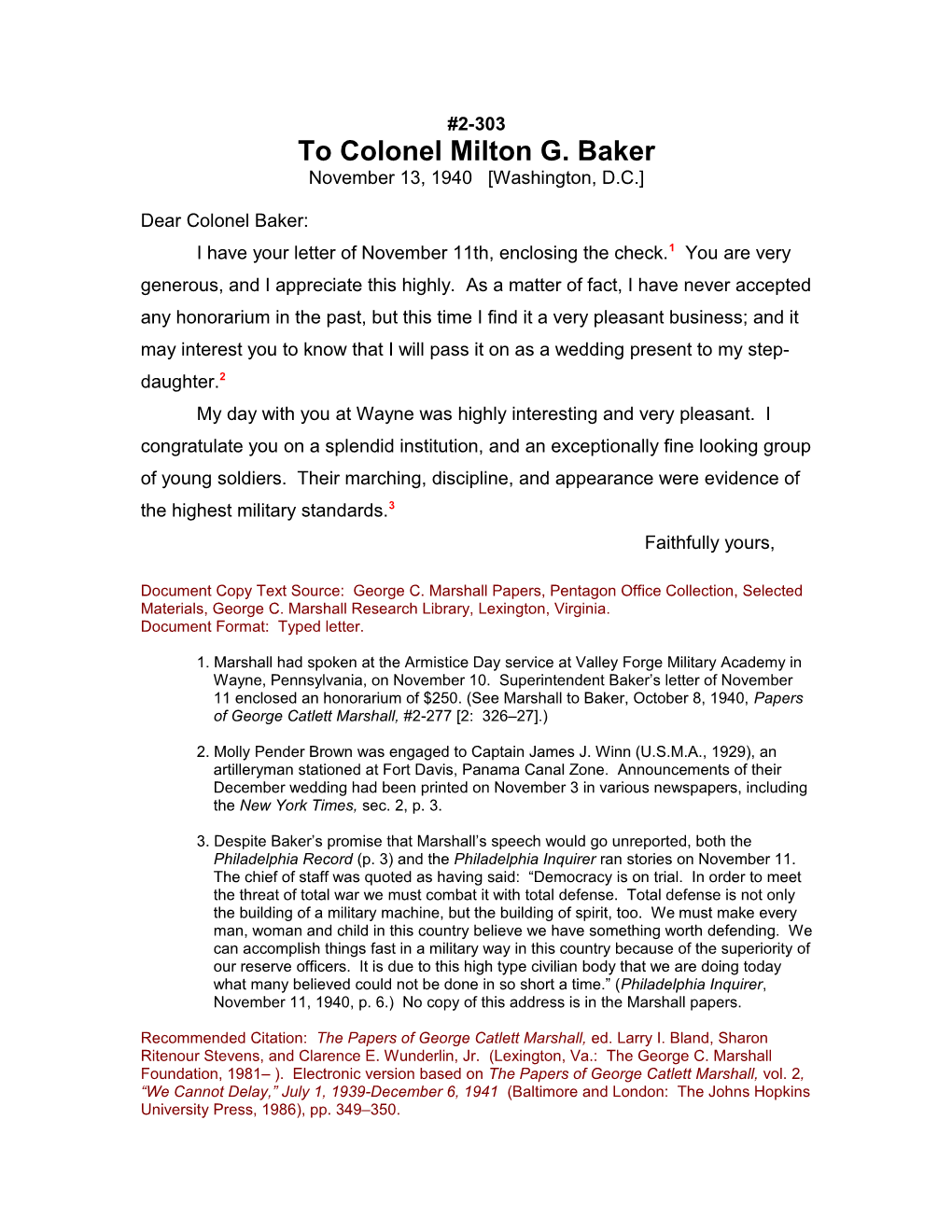 To Colonel Milton G. Baker