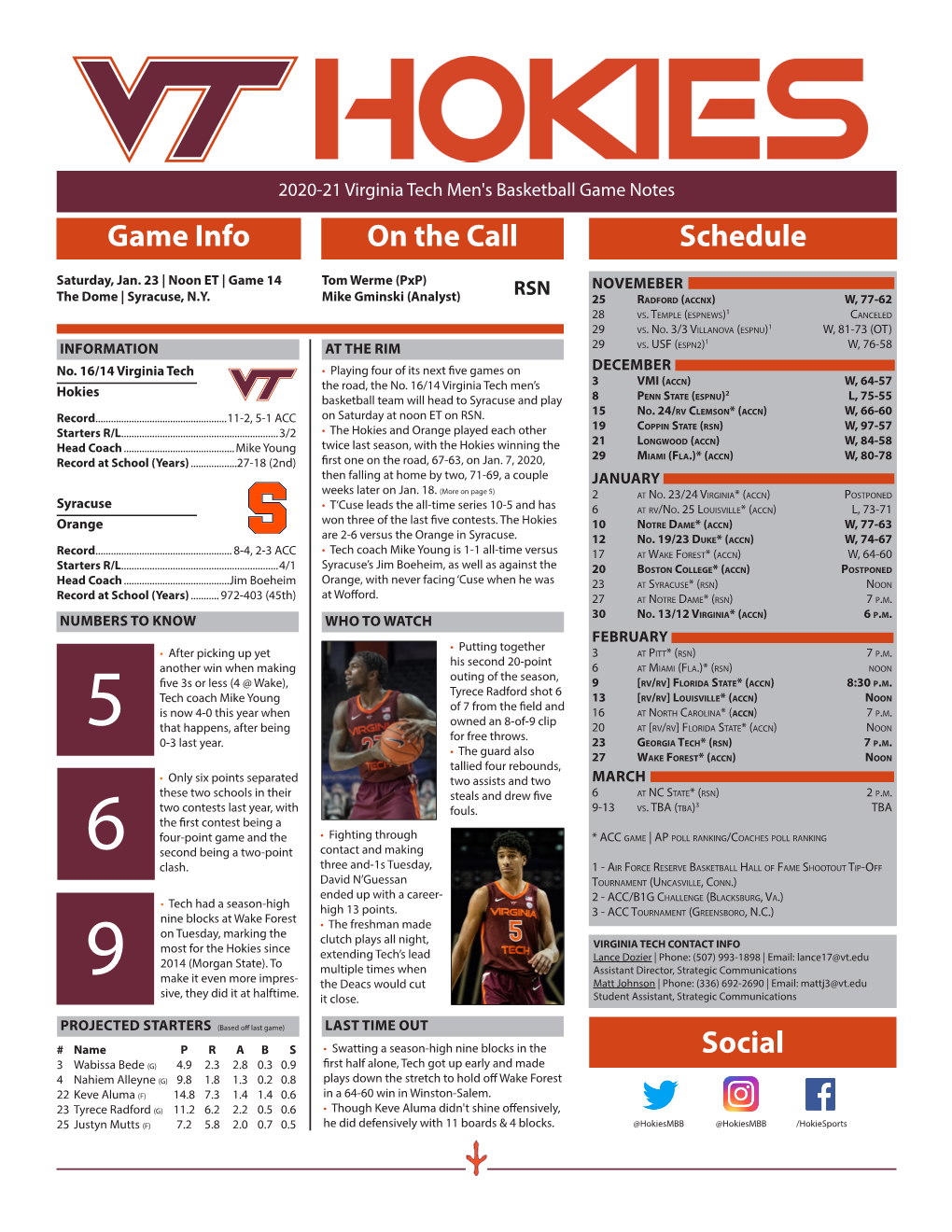 Mike Young Twice Last Season, with the Hokies Winning the 29 Miami (Fla.)* (Accn) W, 80-78 Record at School (Years)