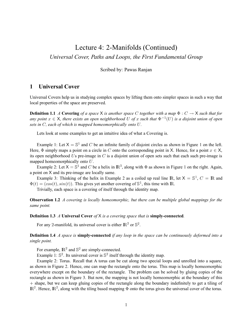Lecture 4: 2-Manifolds (Continued) Universal Cover, Paths and Loops, the First Fundamental Group