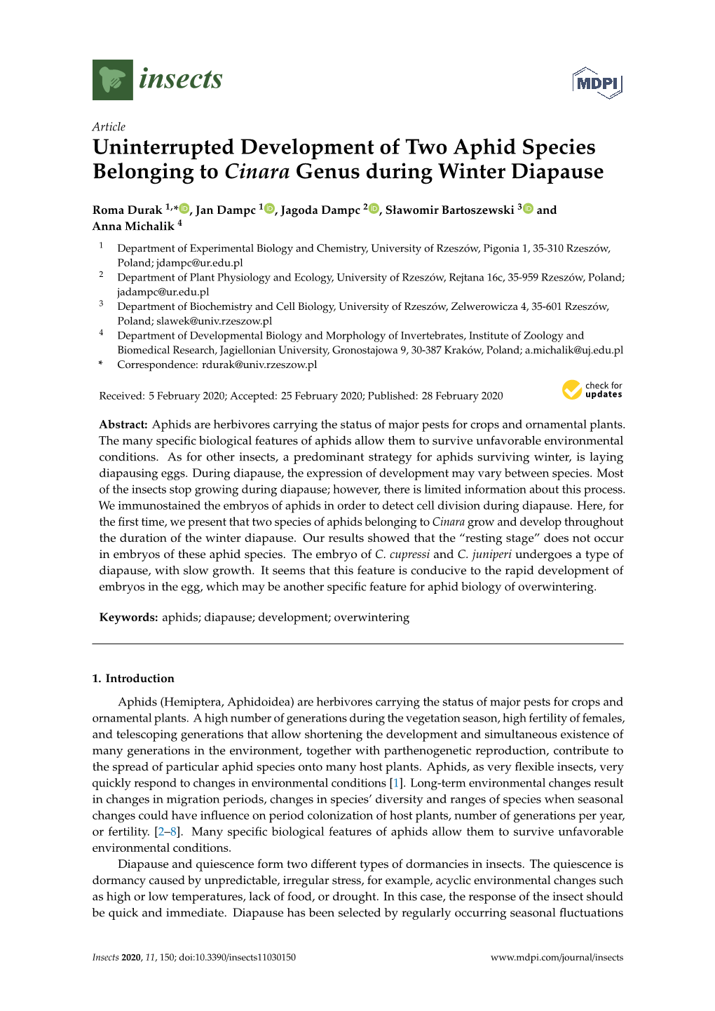 Uninterrupted Development of Two Aphid Species Belonging to Cinara Genus During Winter Diapause