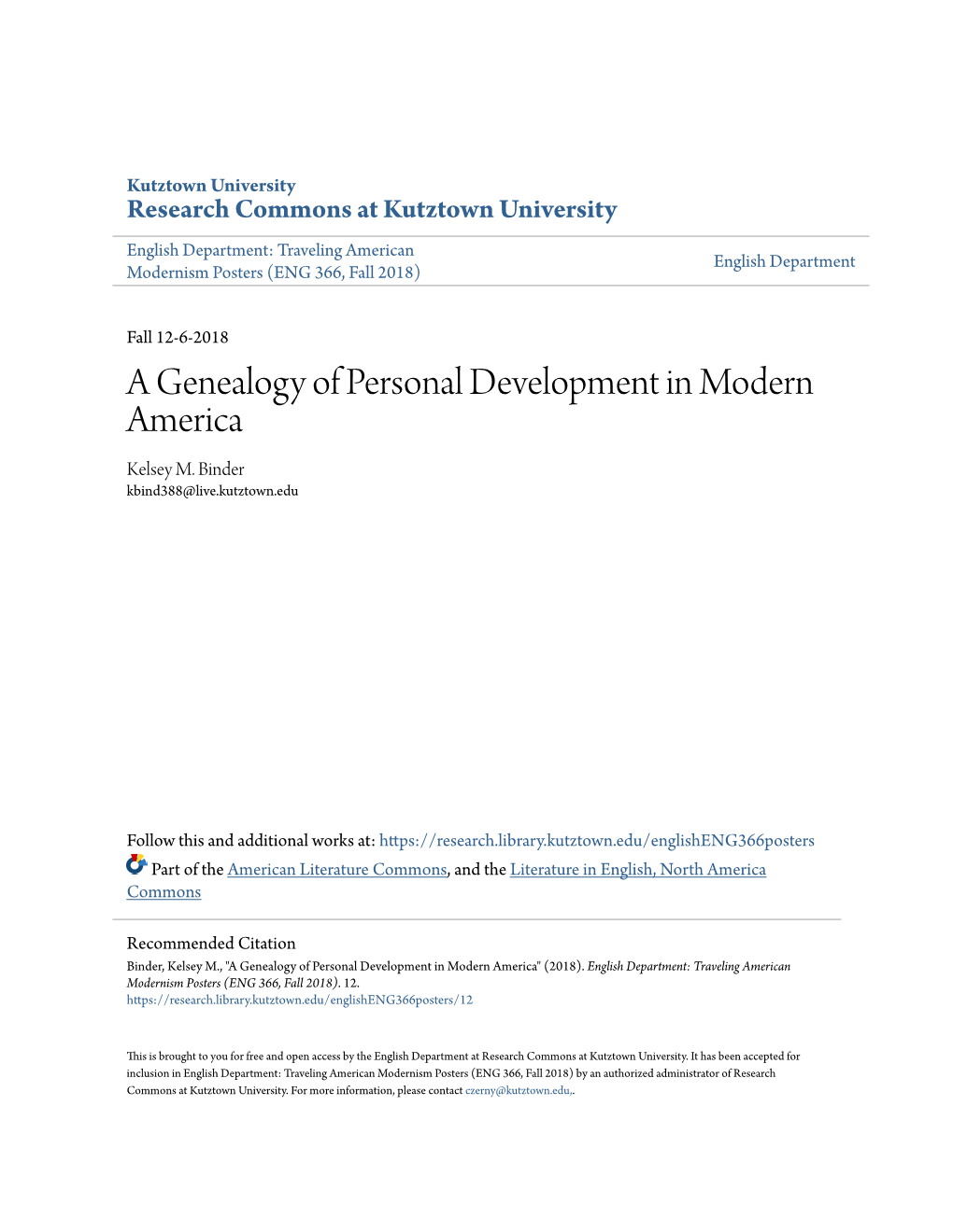 A Genealogy of Personal Development in Modern America Kelsey M