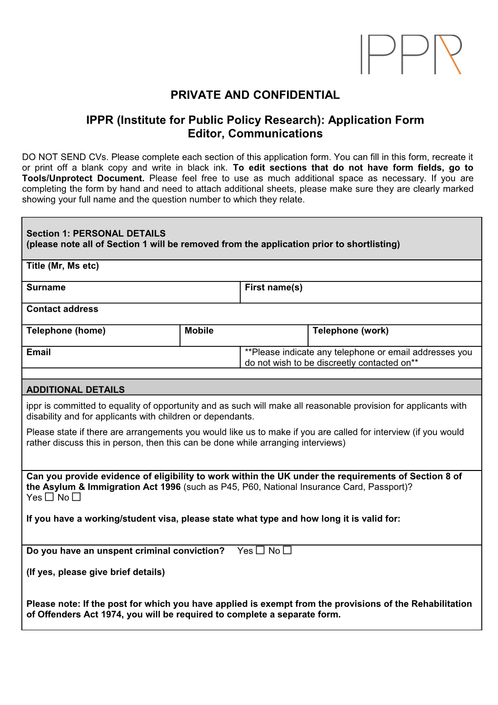 Institute for Public Policy Research Application Form