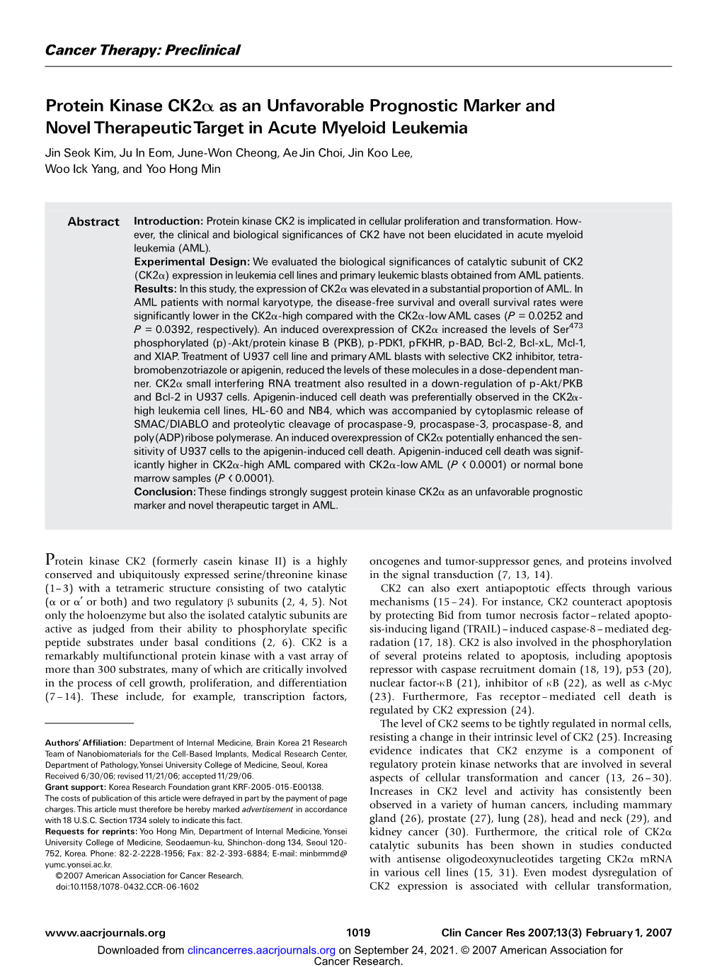 Protein Kinase CK2A As an Unfavorable Prognostic Marker And