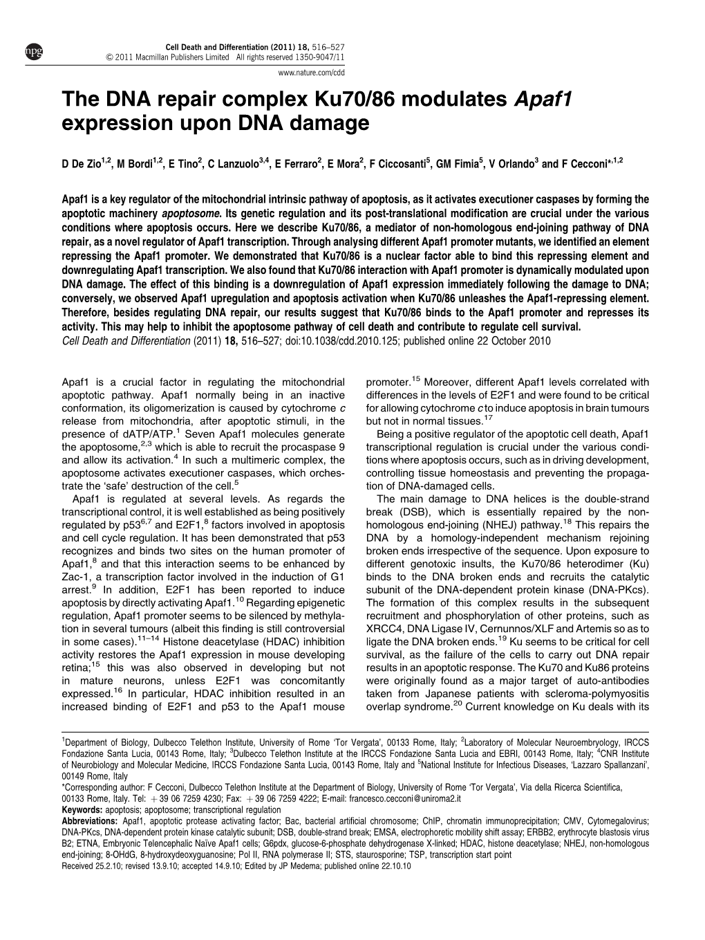 The DNA Repair Complex Ku70/86 Modulates Apaf1 Expression Upon DNA Damage