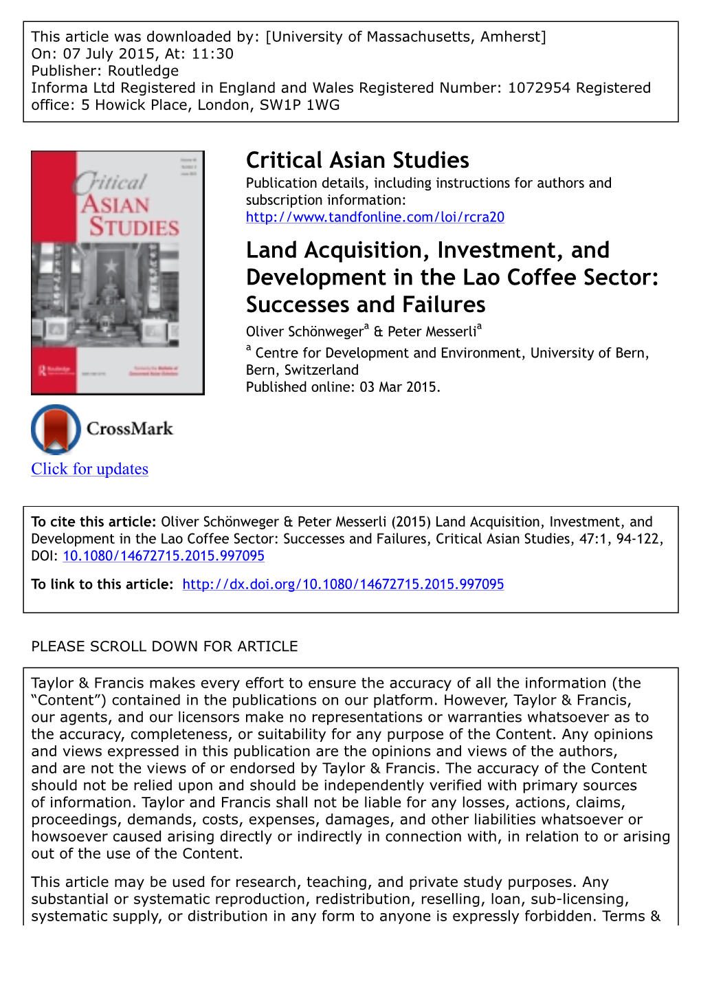 Land Acquisition, Investment, and Development in the Lao Coffee Sector