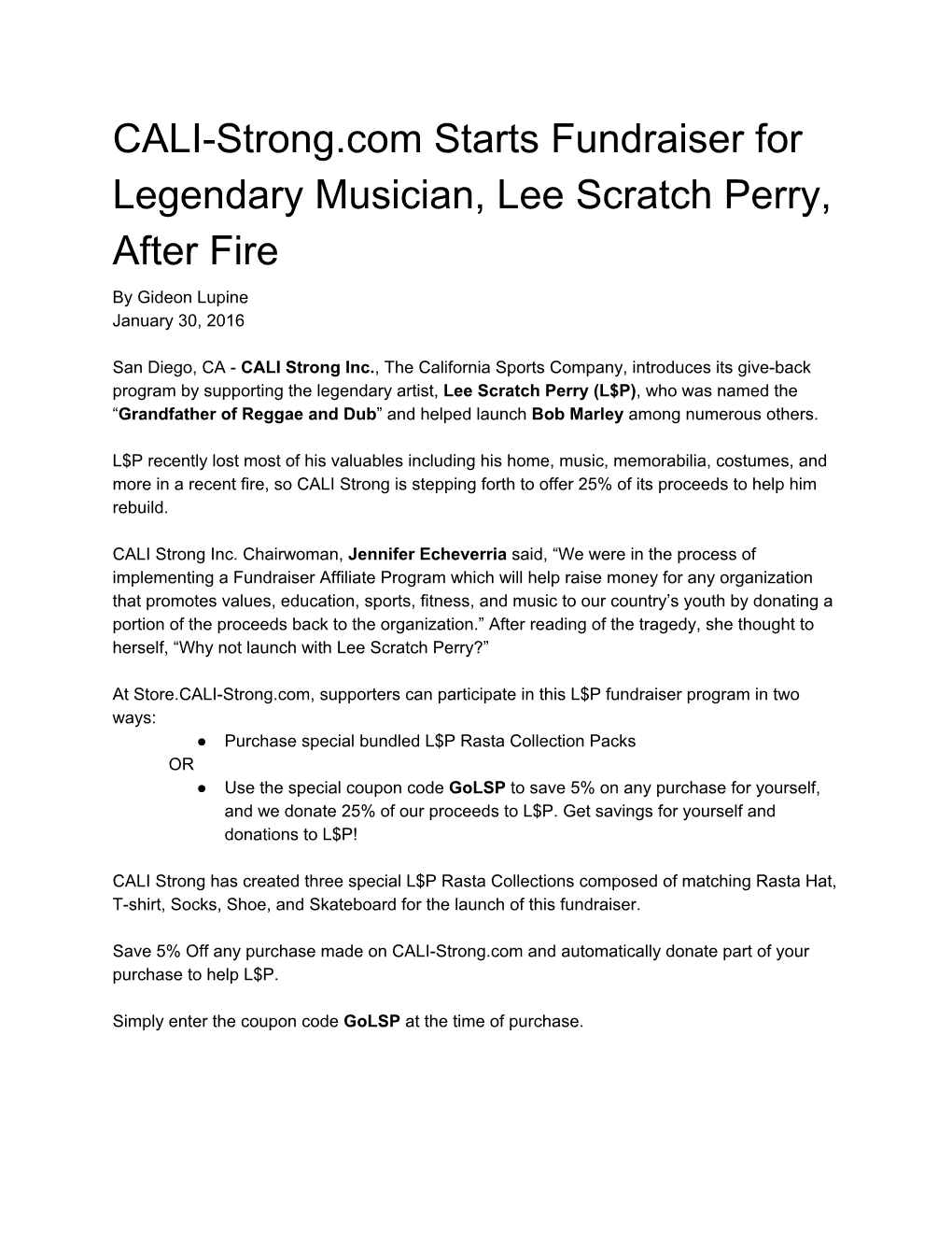Calistrong.Com Starts Fundraiser for Legendary Musician, Lee Scratch