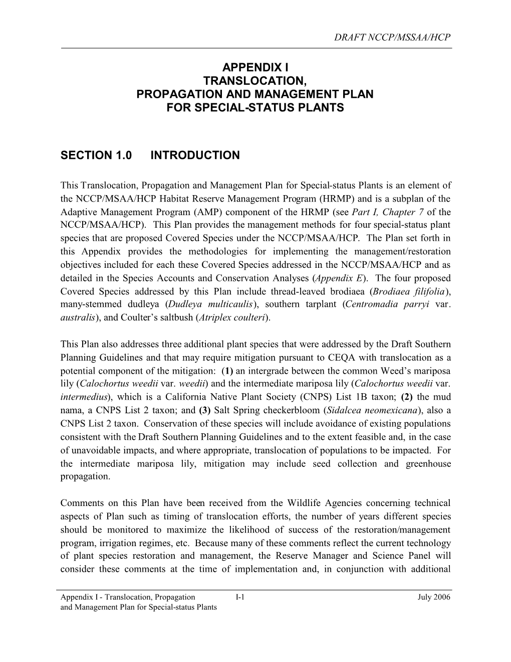 Appendix I Translocation, Propagation and Management Plan for Special-Status Plants Section 1.0 Introduction