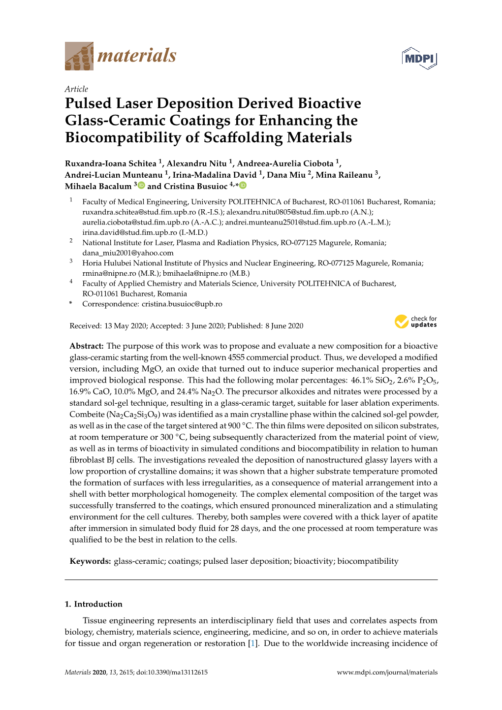 Pulsed Laser Deposition Derived Bioactive Glass-Ceramic Coatings for Enhancing the Biocompatibility of Scaﬀolding Materials