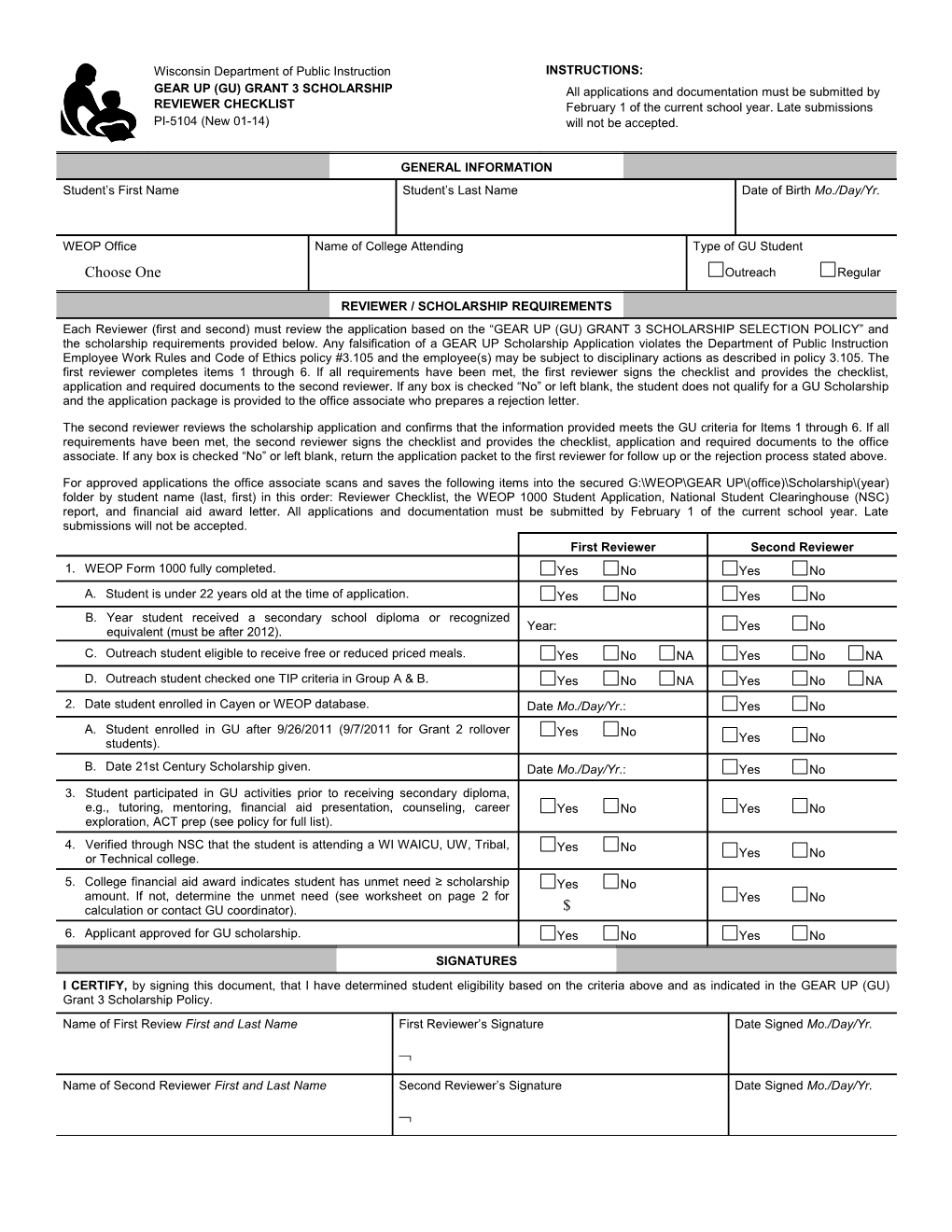 PI-5104 Gear up (GU) Grant 3 Scholarship Reviewer Checklist