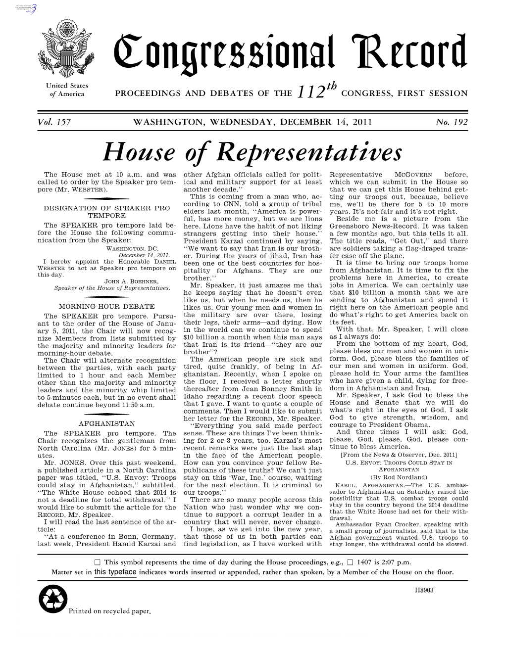 Congressional Record United States Th of America PROCEEDINGS and DEBATES of the 112 CONGRESS, FIRST SESSION