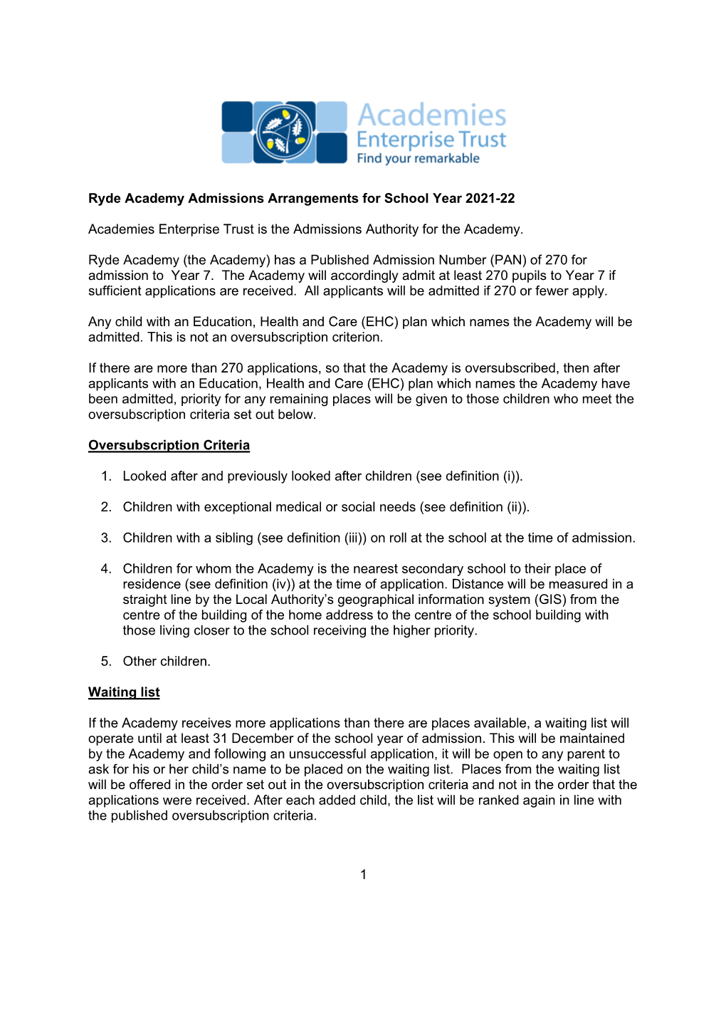 1 Ryde Academy Admissions Arrangements for School Year 2021