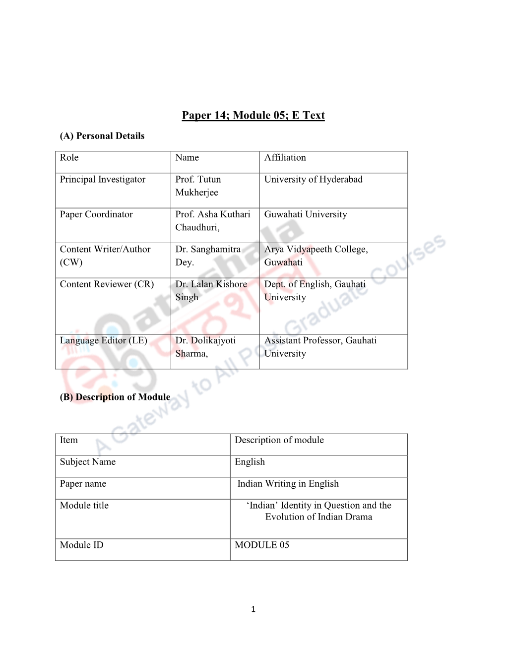 Paper 14; Module 05; E Text (A) Personal Details