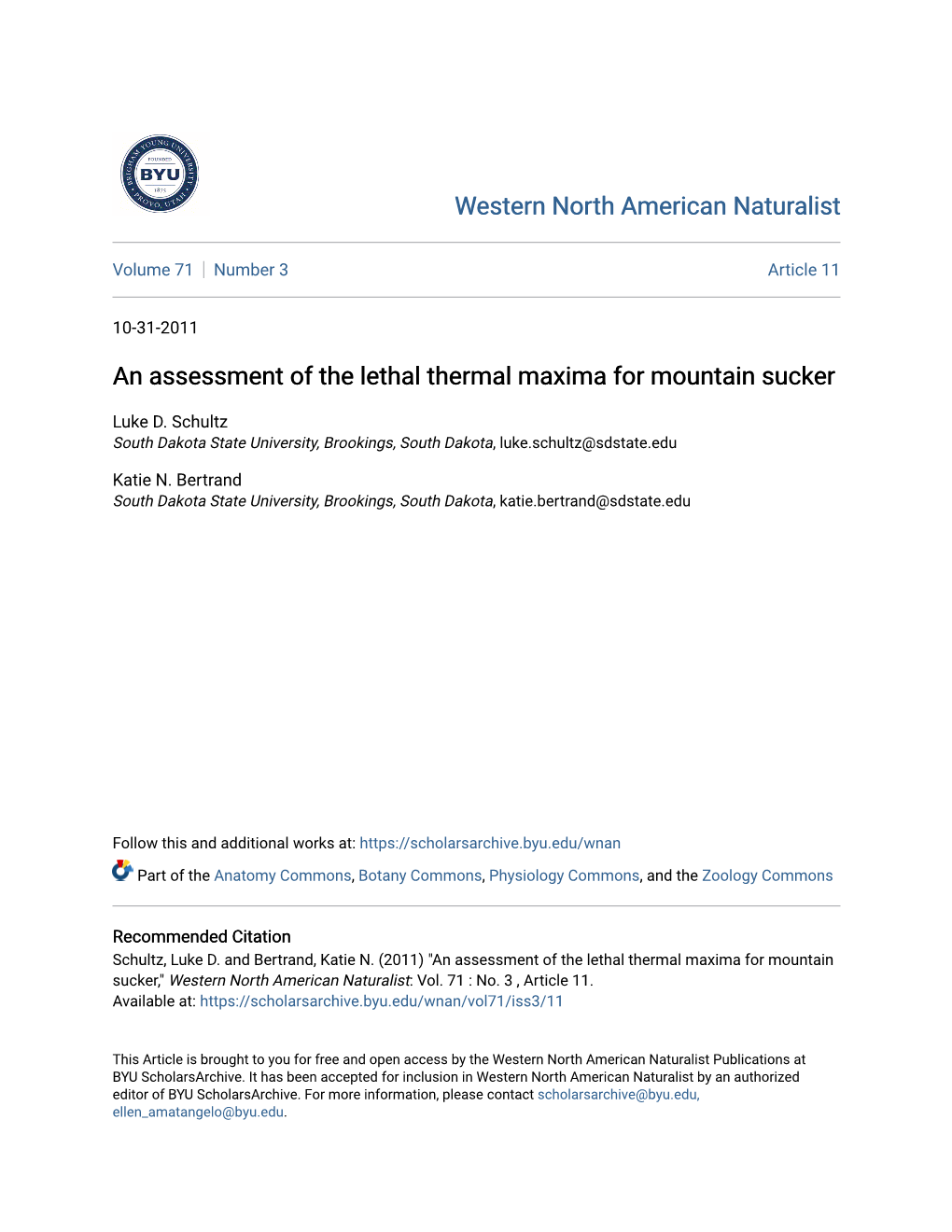 An Assessment of the Lethal Thermal Maxima for Mountain Sucker