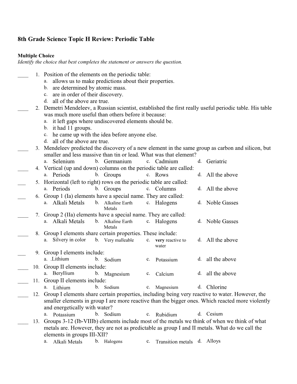 8Th Grade Science Topic H Review: Periodic Table